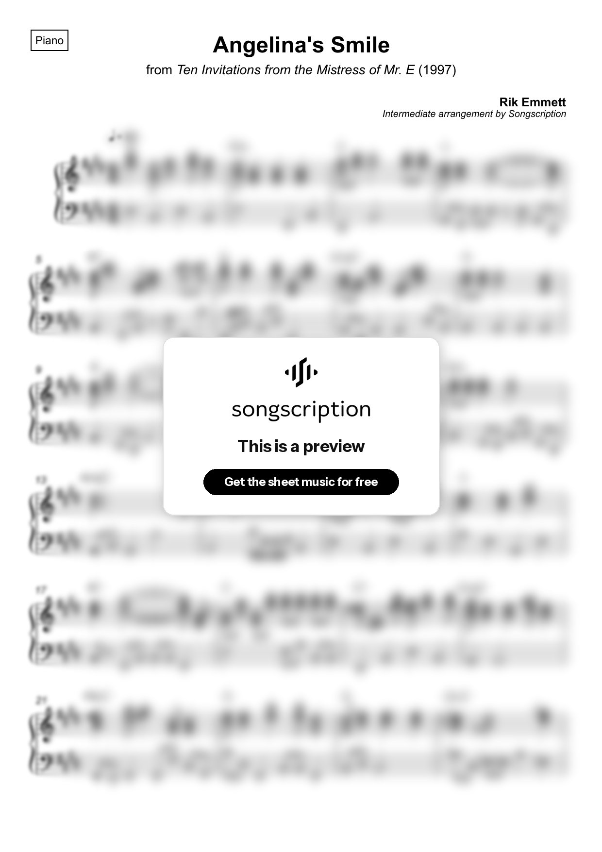 Intermediate Piano Sheet Music for "Angelina's Smile" by Rik Emmett