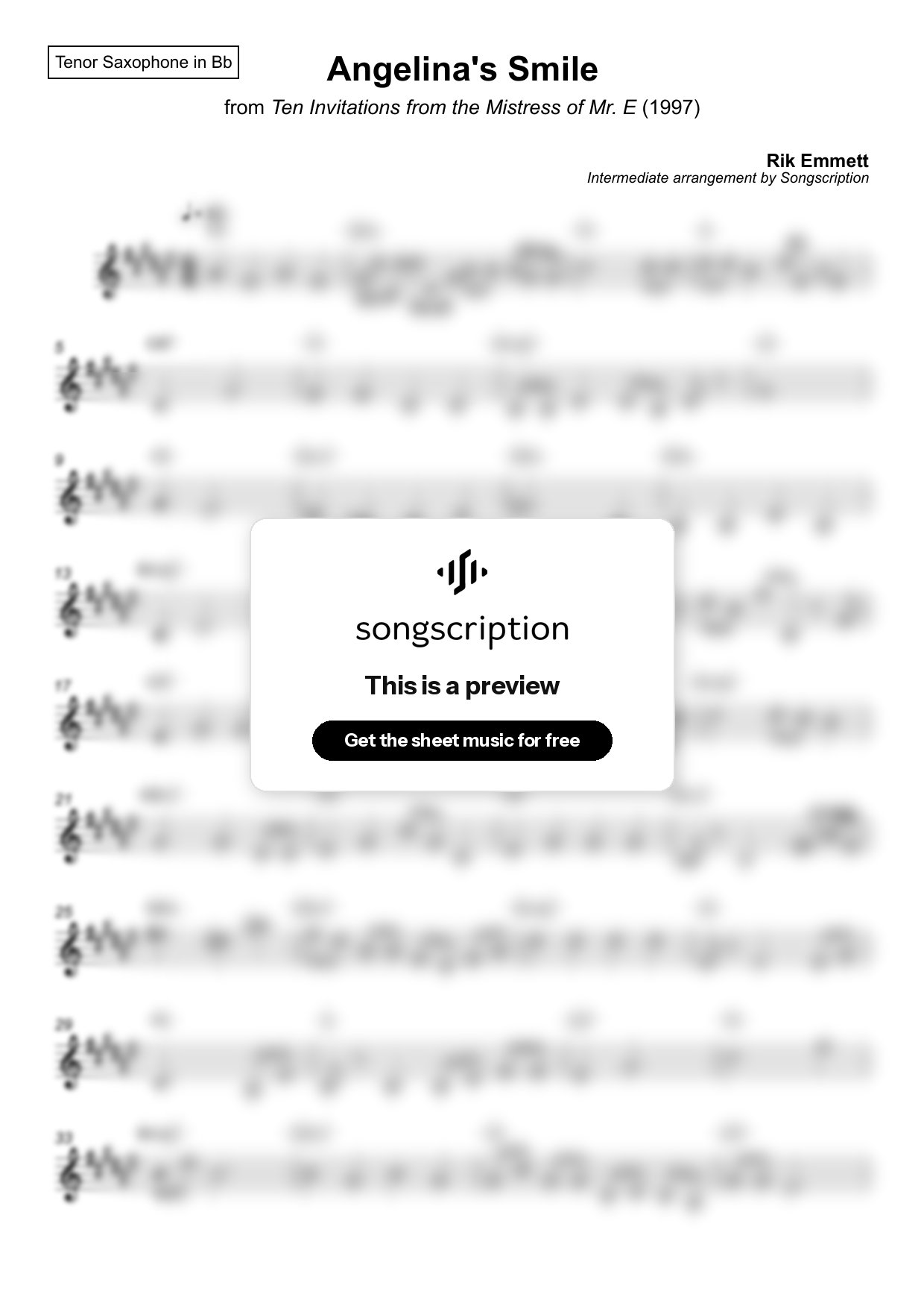 Intermediate Tenor Sax Sheet Music for "Angelina's Smile" by Rik Emmett
