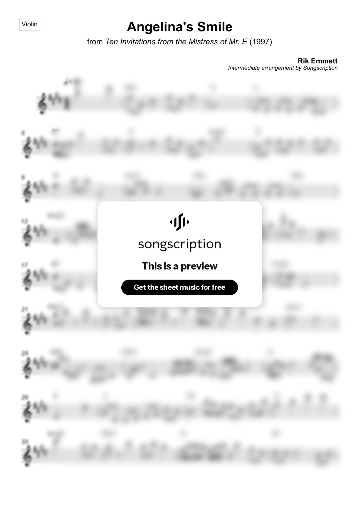 Intermediate Violin Sheet Music for "Angelina's Smile" by Rik Emmett