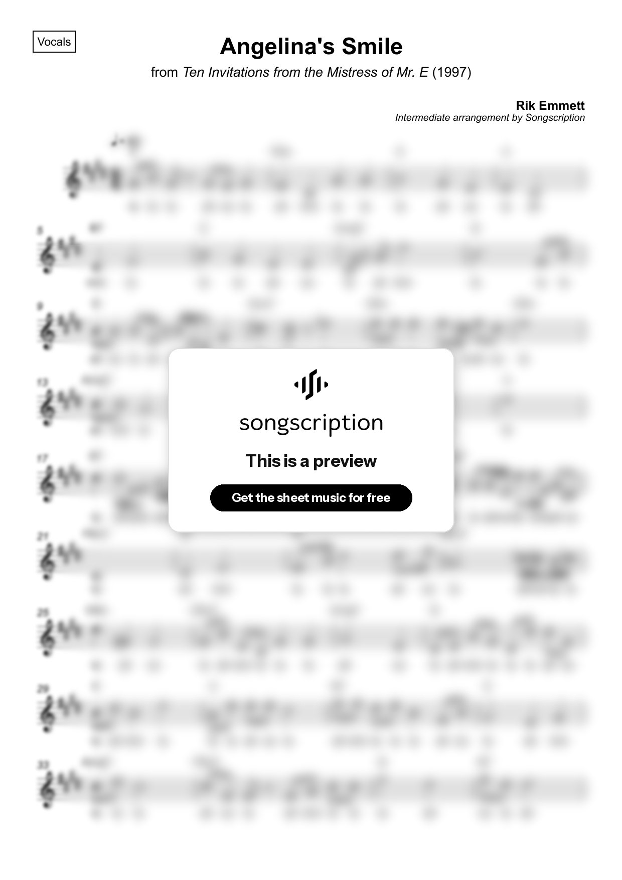 Intermediate Vocals Sheet Music for "Angelina's Smile" by Rik Emmett