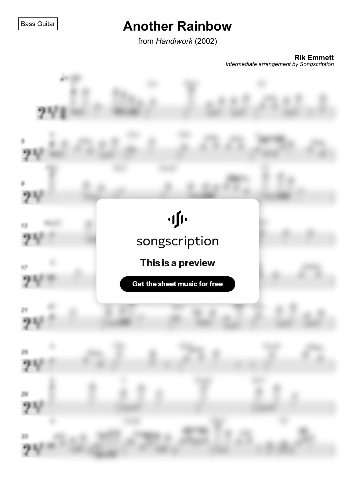 Intermediate Bass Guitar Sheet Music for "Another Rainbow" by Rik Emmett