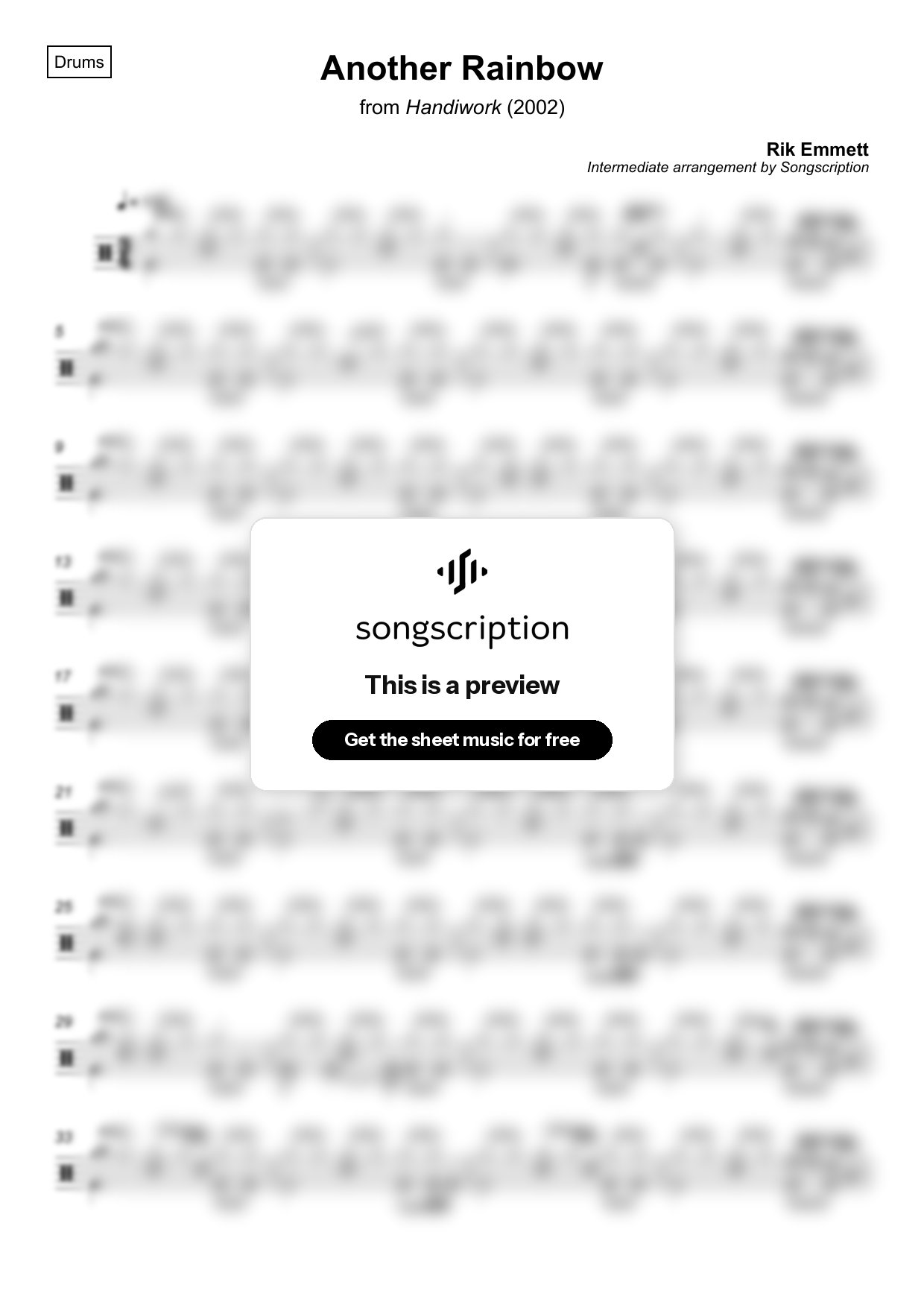Intermediate Drums Sheet Music for "Another Rainbow" by Rik Emmett