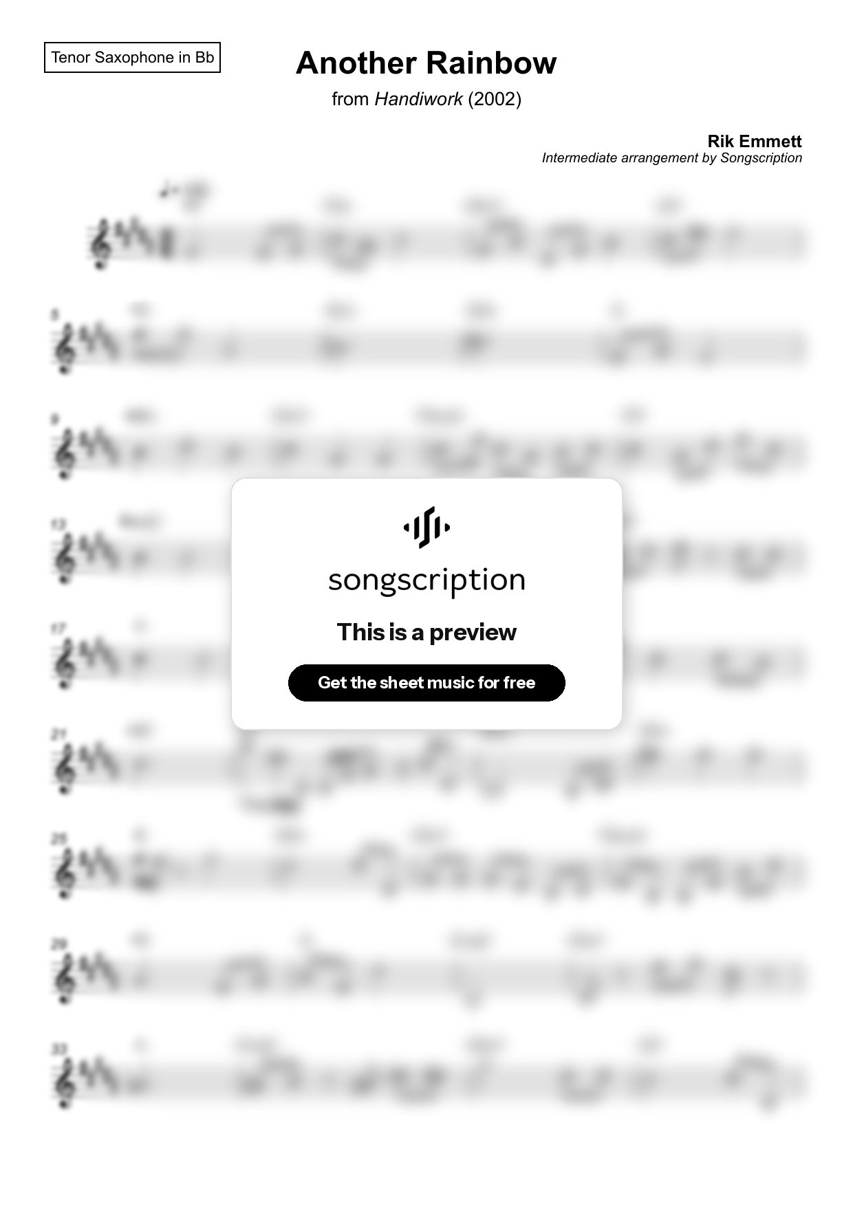 Intermediate Tenor Sax Sheet Music for "Another Rainbow" by Rik Emmett