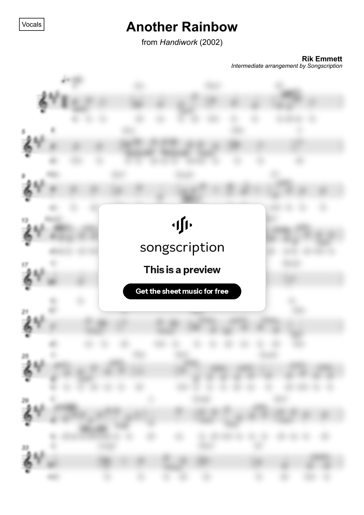 Intermediate Vocals Sheet Music for "Another Rainbow" by Rik Emmett