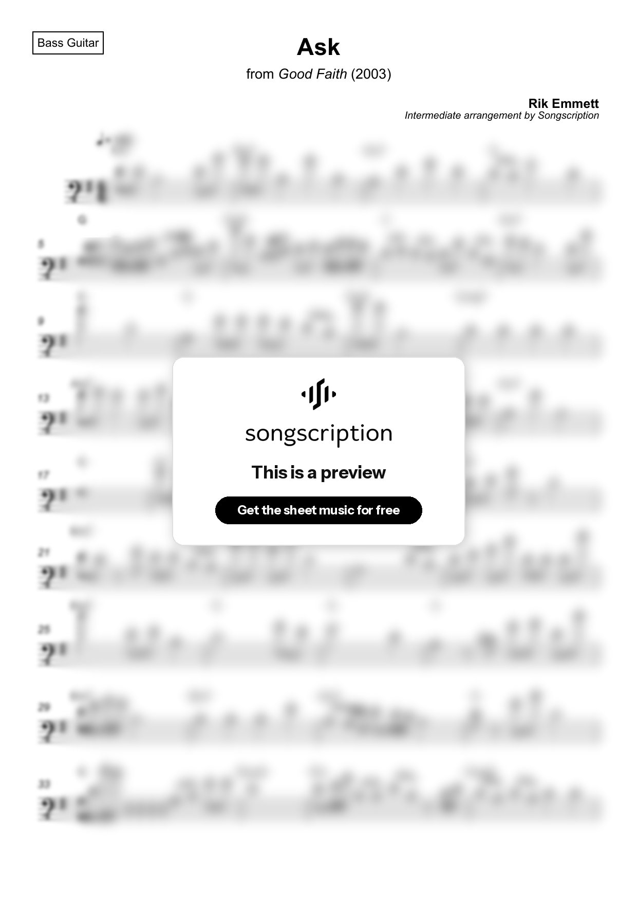 Intermediate Bass Guitar Sheet Music for "Ask" by Rik Emmett