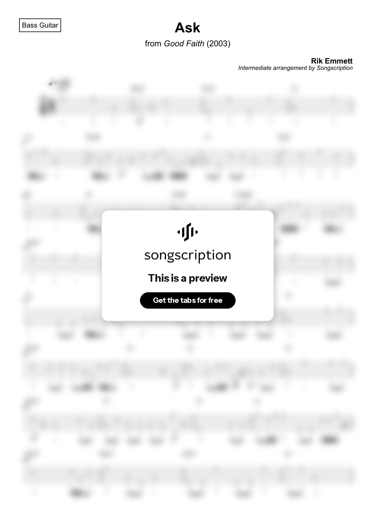 Intermediate Bass Guitar Tabs for "Ask" by Rik Emmett