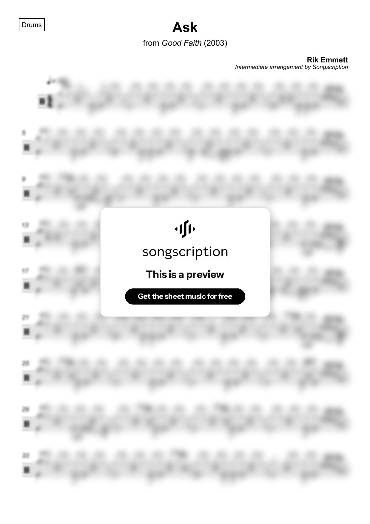 Intermediate Drums Sheet Music for "Ask" by Rik Emmett