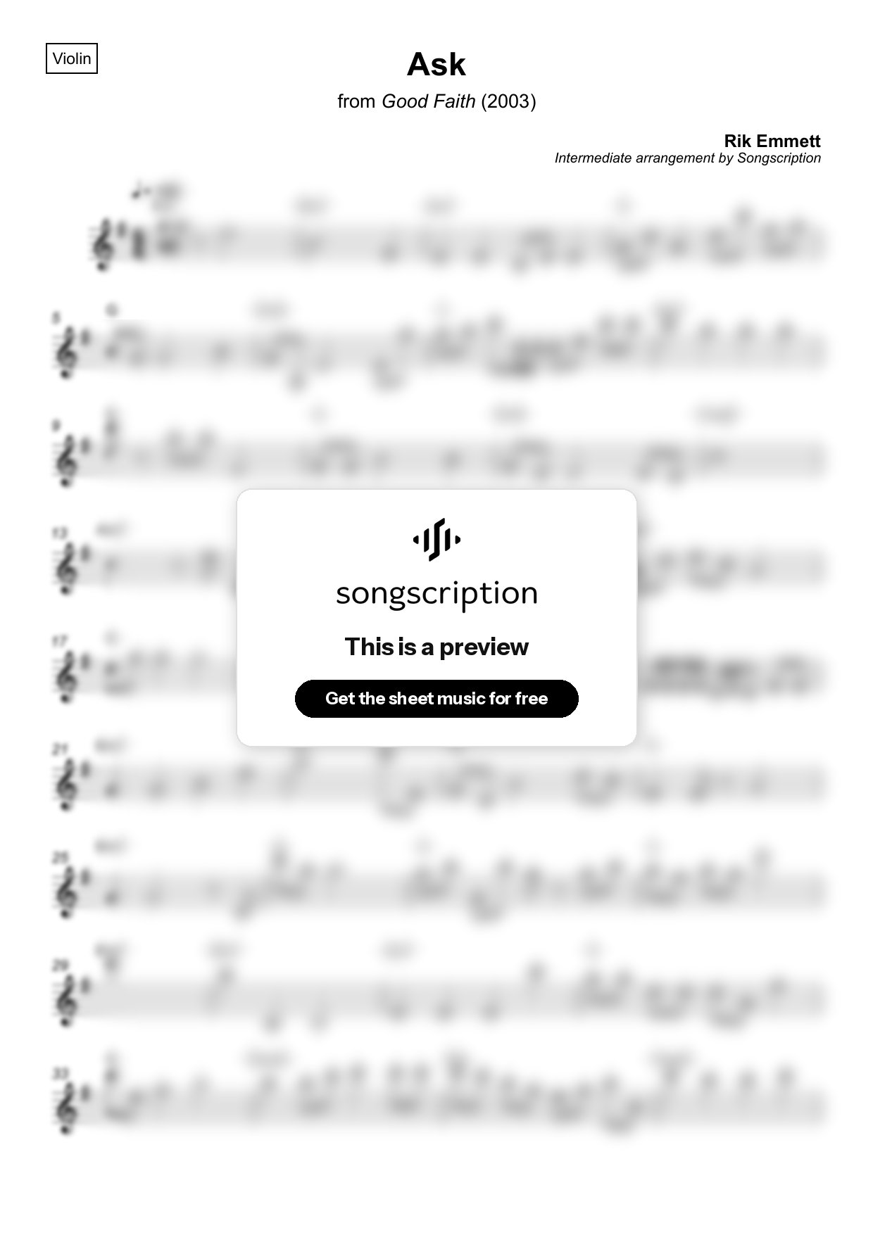 Intermediate Violin Sheet Music for "Ask" by Rik Emmett