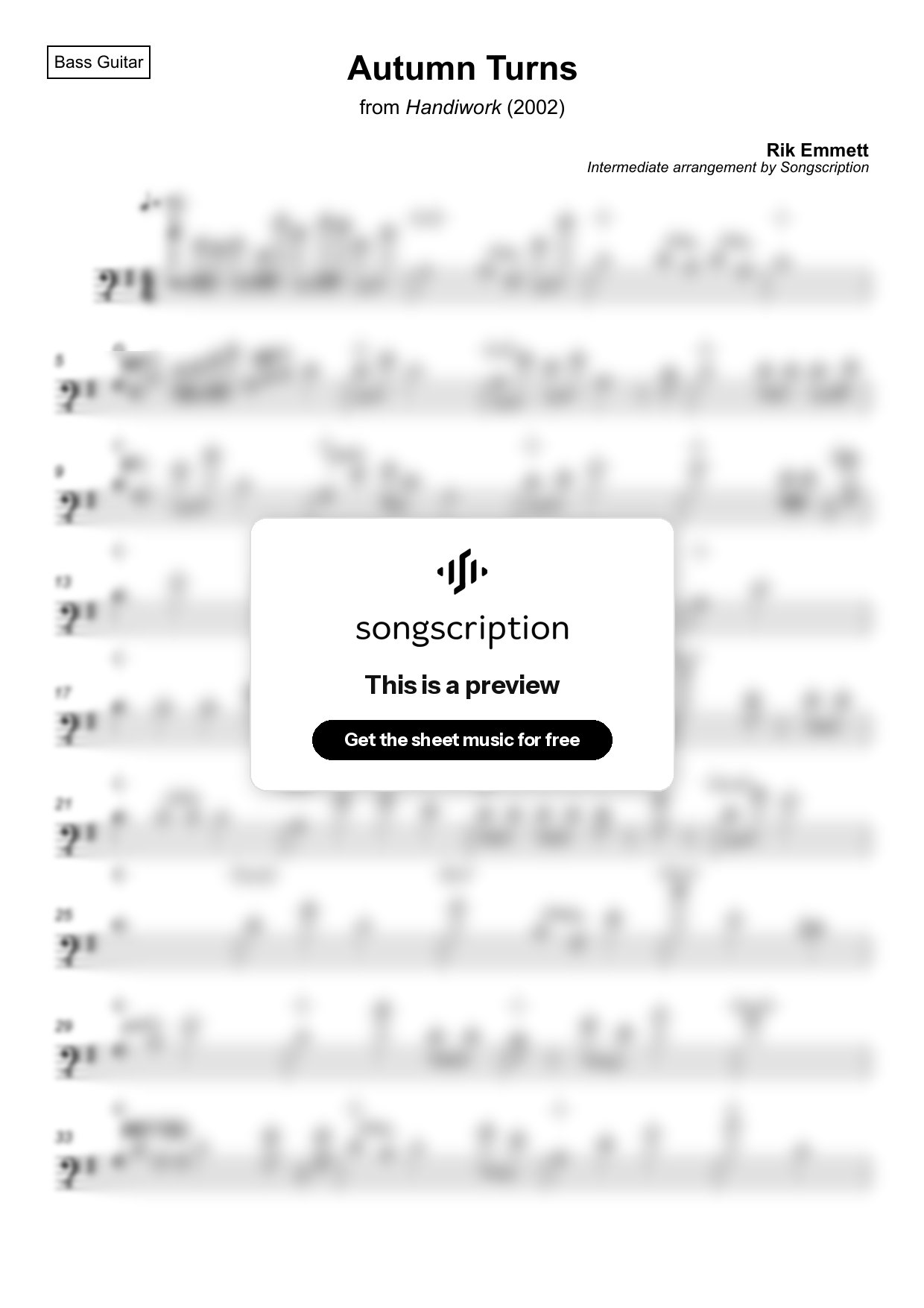 Intermediate Bass Guitar Sheet Music for "Autumn Turns" by Rik Emmett