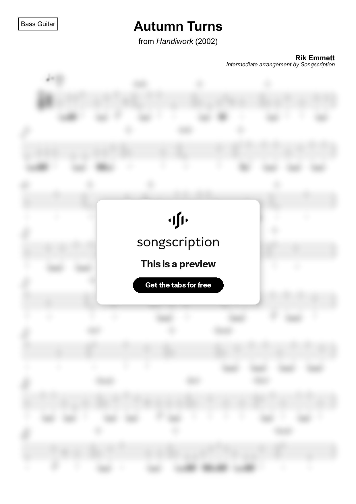 Intermediate Bass Guitar Tabs for "Autumn Turns" by Rik Emmett