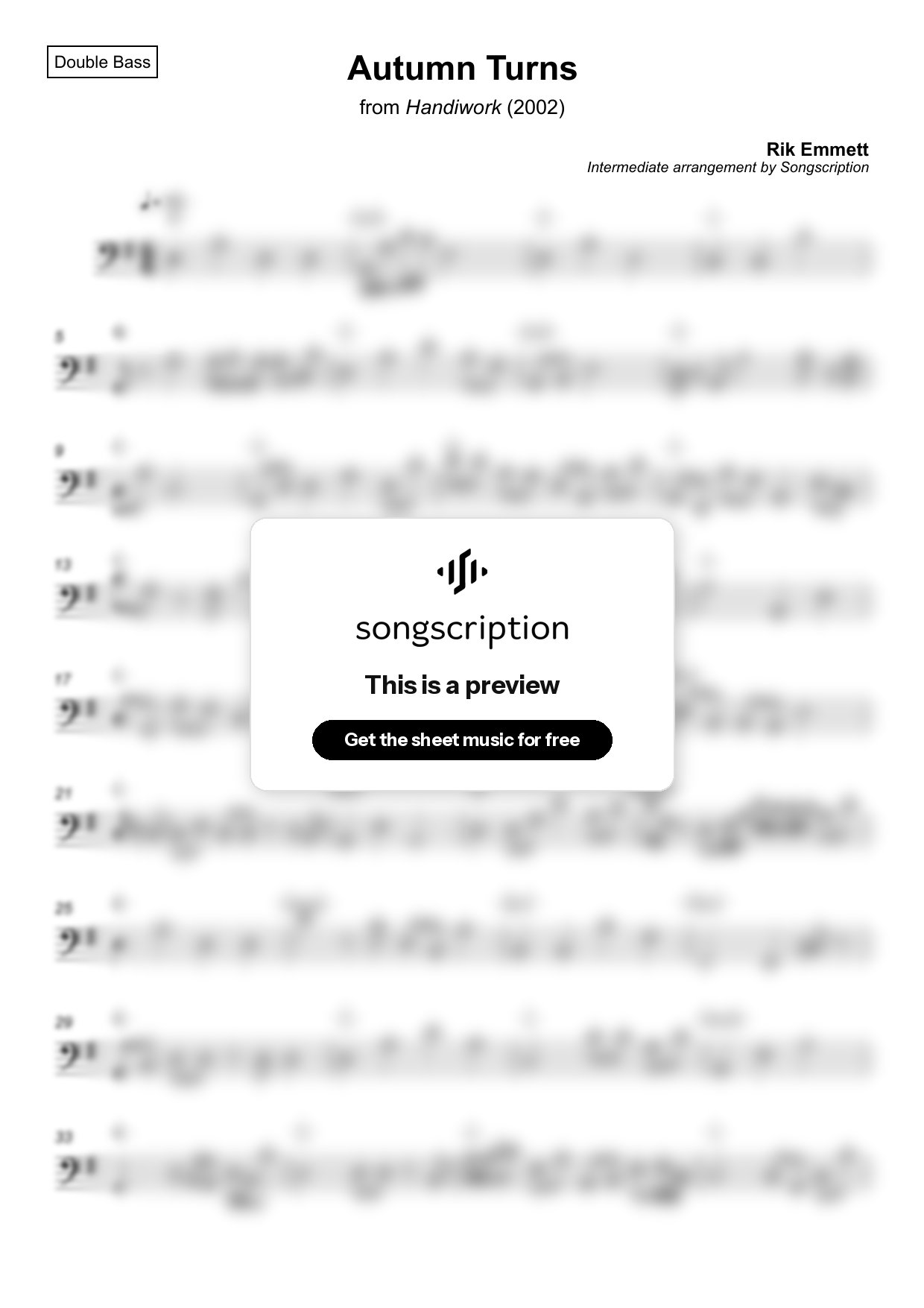 Intermediate Double Bass Sheet Music for "Autumn Turns" by Rik Emmett