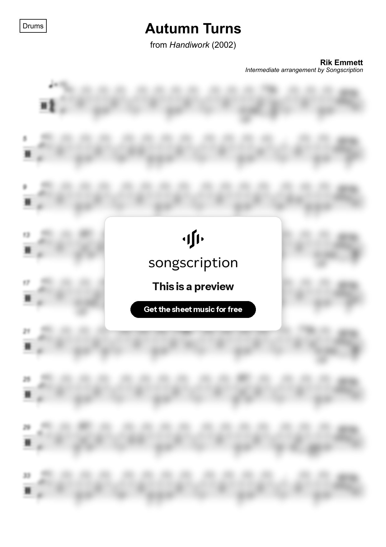 Intermediate Drums Sheet Music for "Autumn Turns" by Rik Emmett