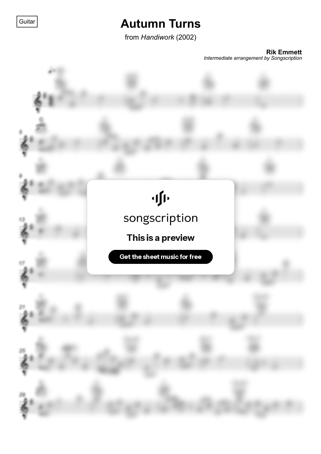 Intermediate Acoustic Guitar Sheet Music for "Autumn Turns" by Rik Emmett
