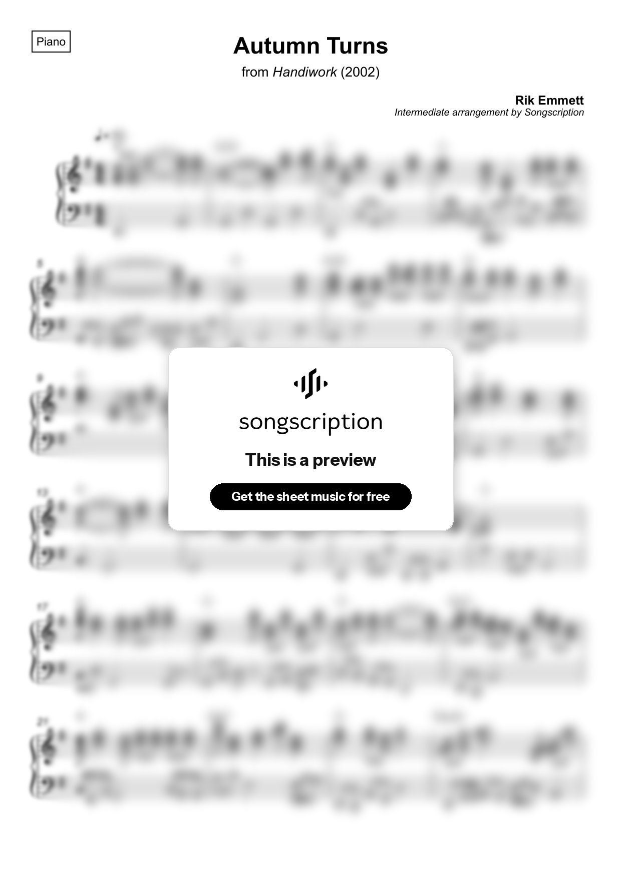 Intermediate Piano Sheet Music for "Autumn Turns" by Rik Emmett