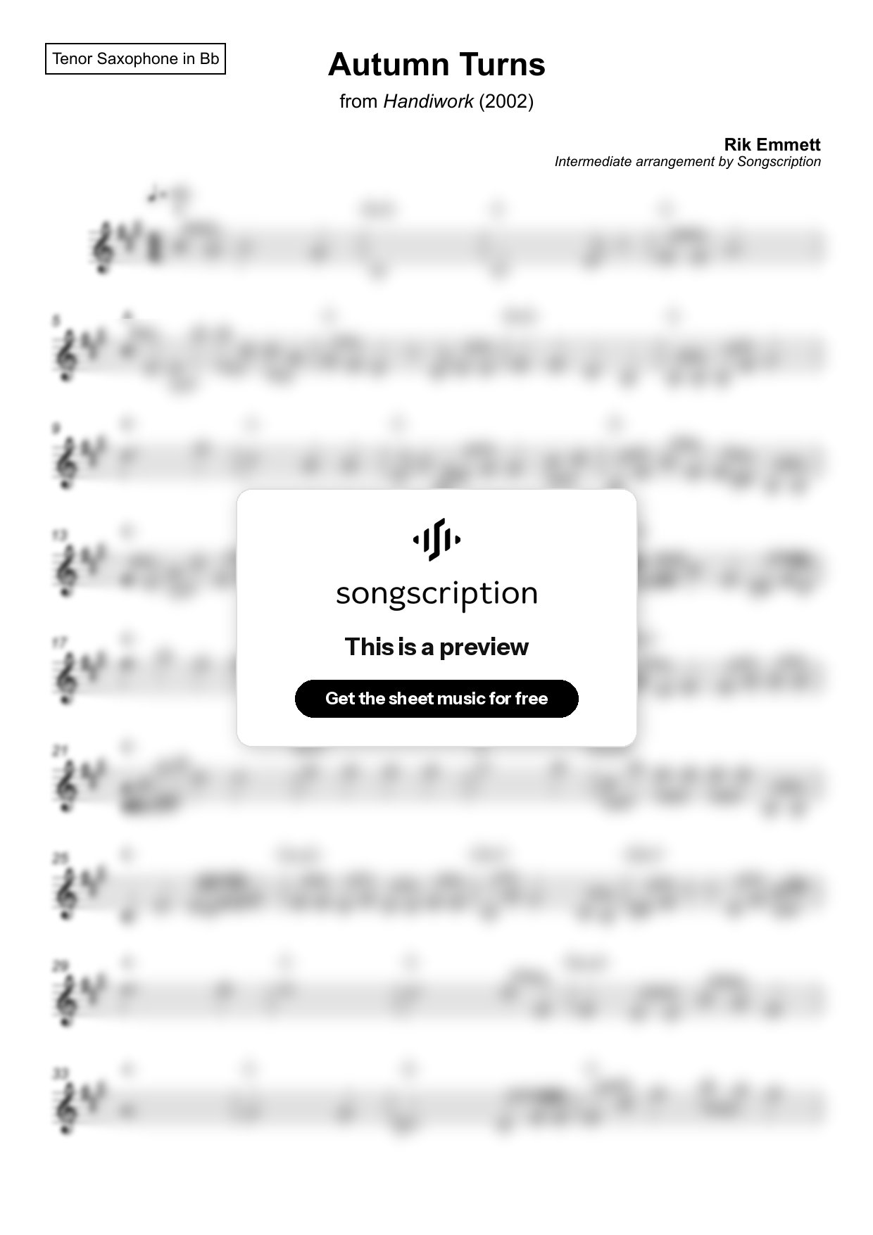 Intermediate Tenor Sax Sheet Music for "Autumn Turns" by Rik Emmett