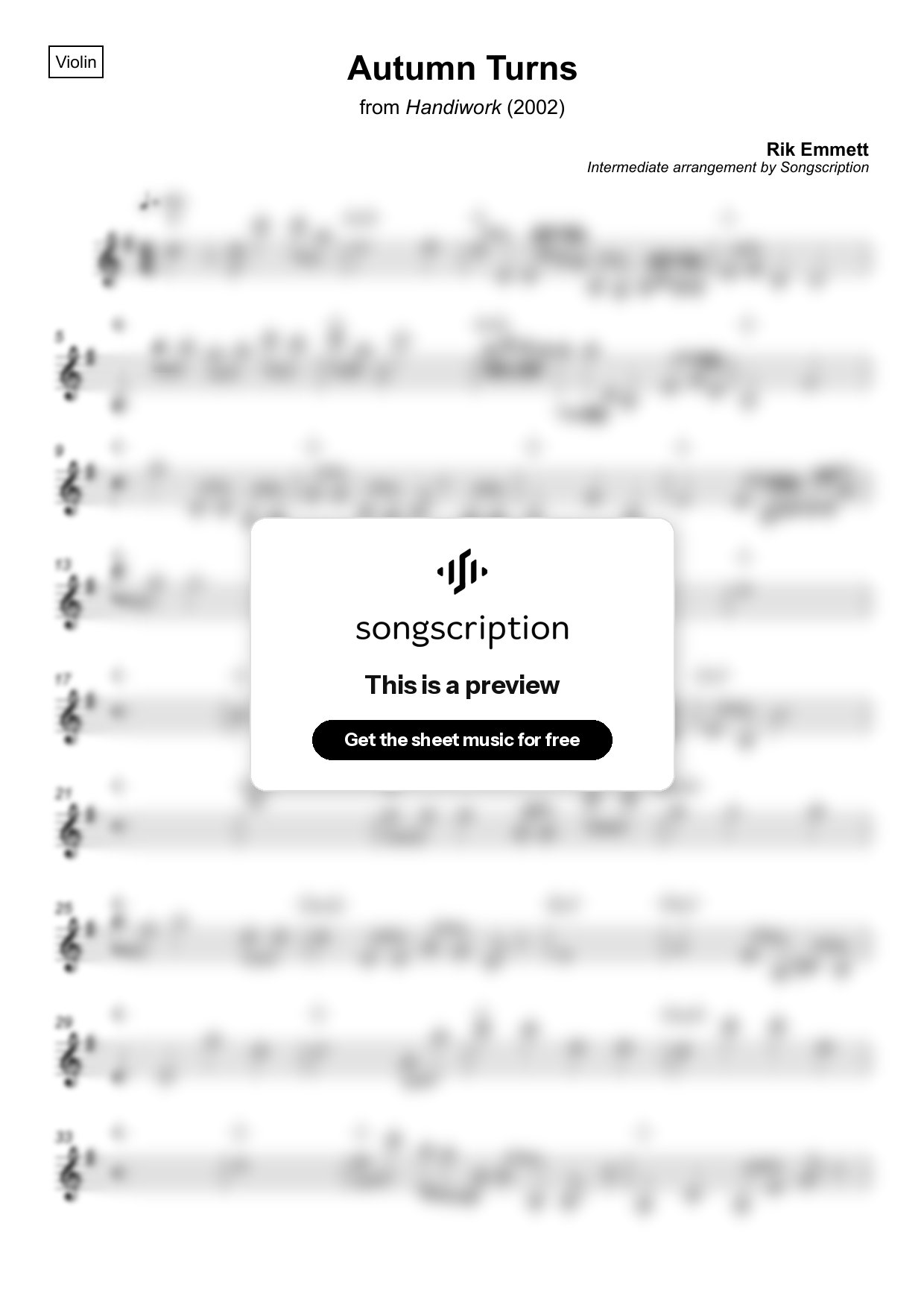 Intermediate Violin Sheet Music for "Autumn Turns" by Rik Emmett