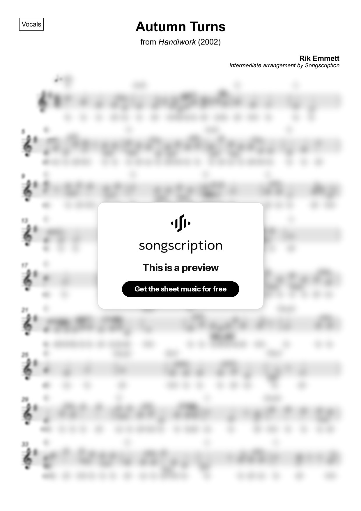 Intermediate Vocals Sheet Music for "Autumn Turns" by Rik Emmett