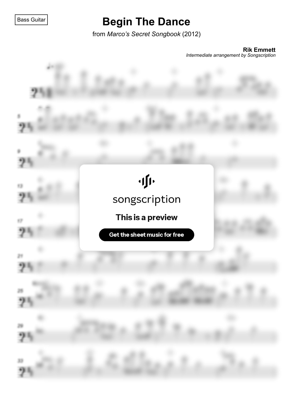 Intermediate Bass Guitar Sheet Music for "Begin The Dance" by Rik Emmett