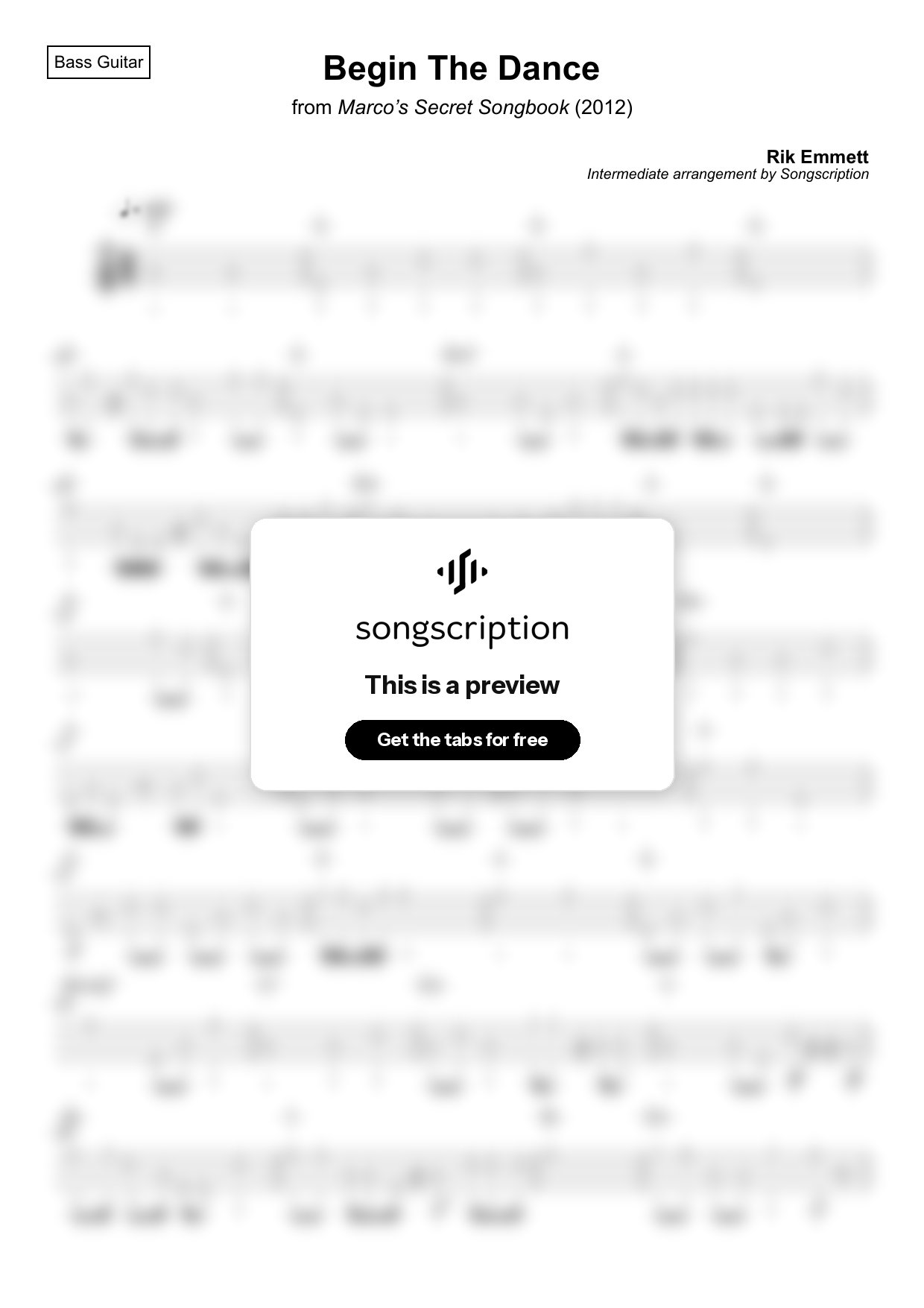 Intermediate Bass Guitar Tabs for "Begin The Dance" by Rik Emmett