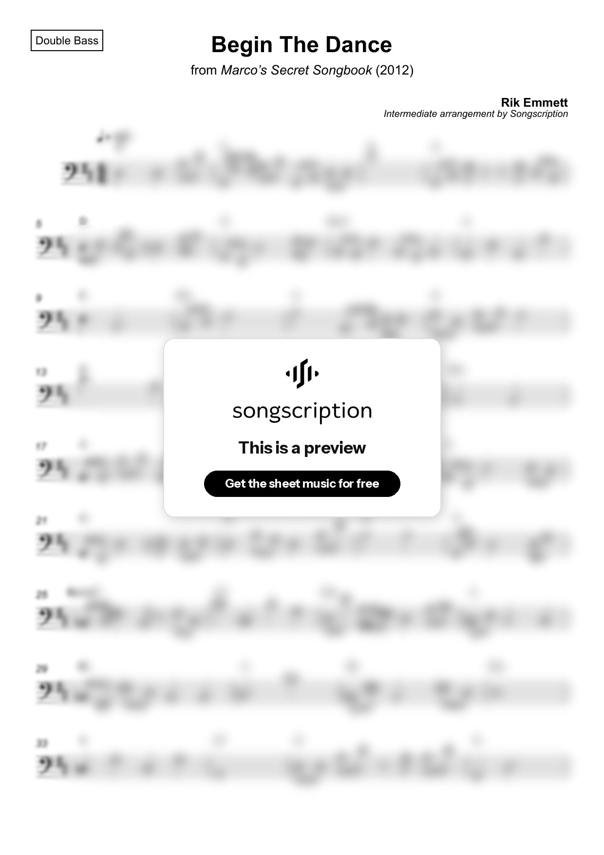 Intermediate Double Bass Sheet Music for "Begin The Dance" by Rik Emmett
