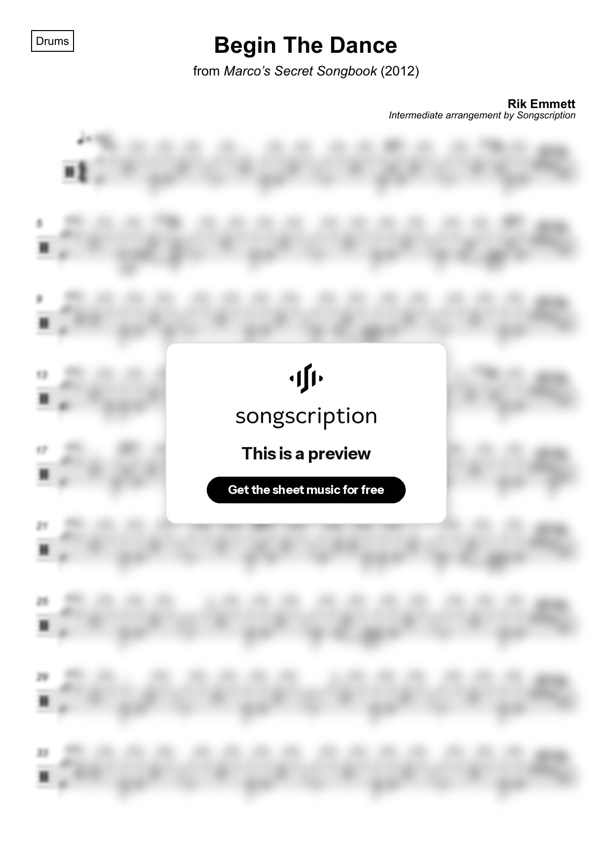 Intermediate Drums Sheet Music for "Begin The Dance" by Rik Emmett
