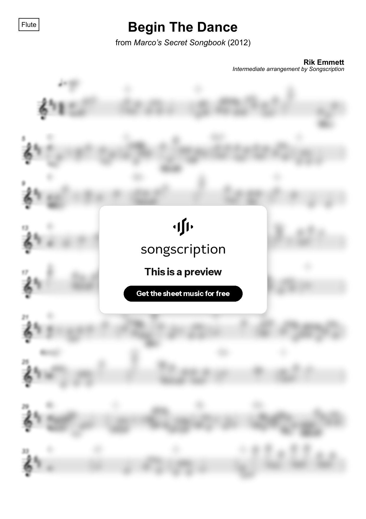 Intermediate Flute Sheet Music for "Begin The Dance" by Rik Emmett