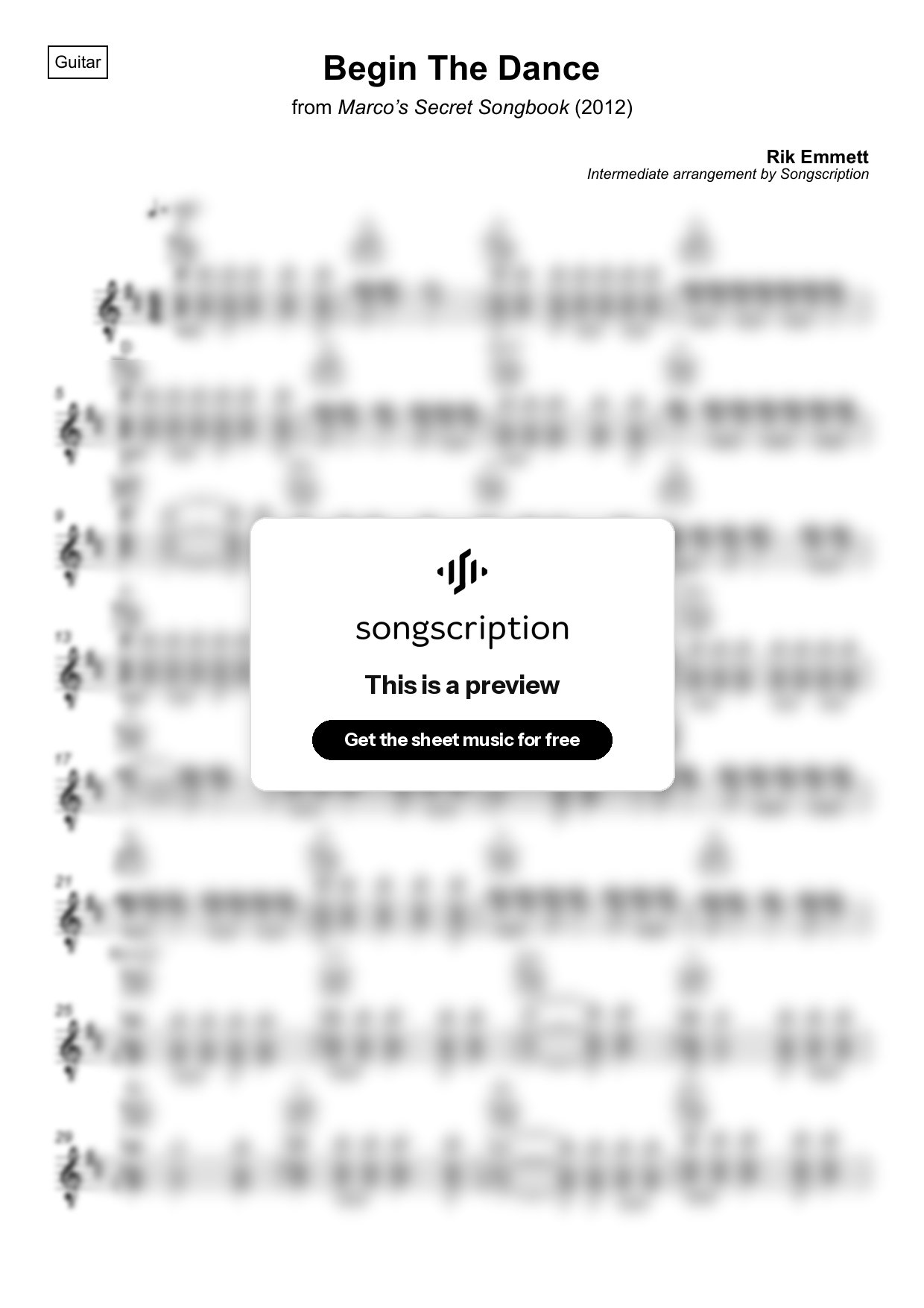 Intermediate Acoustic Guitar Sheet Music for "Begin The Dance" by Rik Emmett