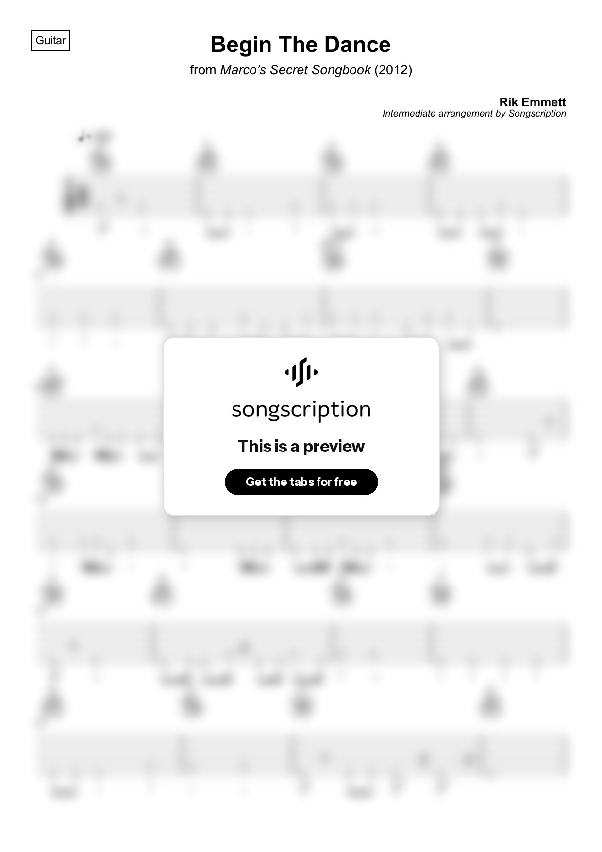 Intermediate Acoustic Guitar Tabs for "Begin The Dance" by Rik Emmett