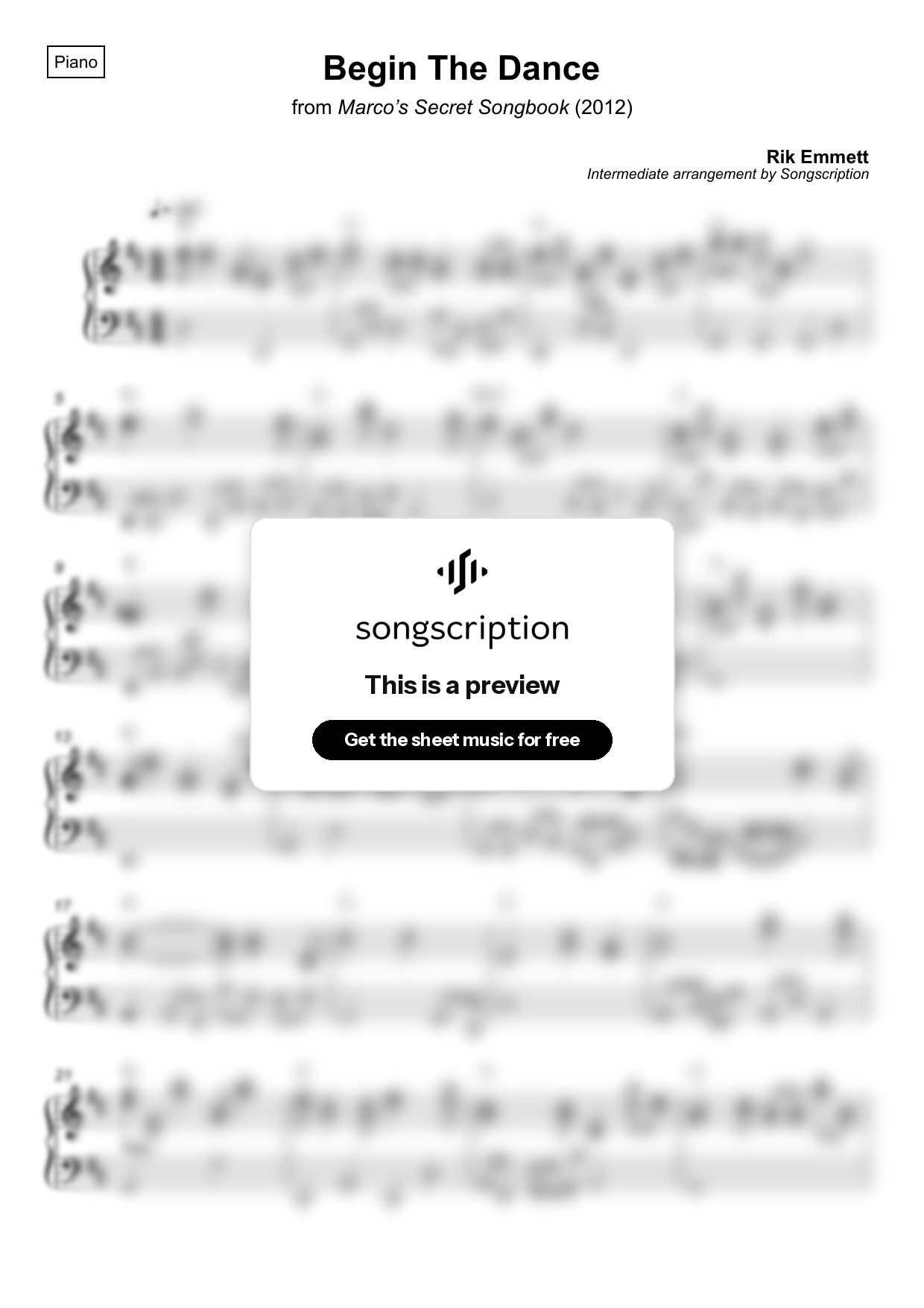 Intermediate Piano Sheet Music for "Begin The Dance" by Rik Emmett