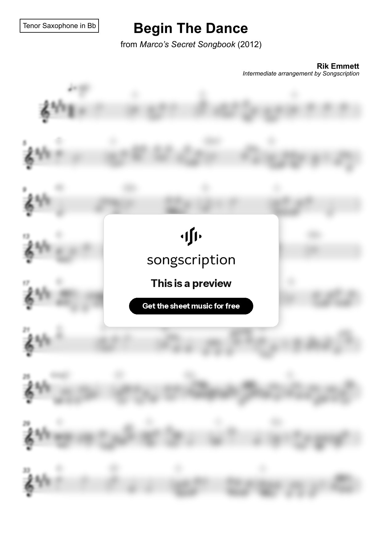 Intermediate Tenor Sax Sheet Music for "Begin The Dance" by Rik Emmett