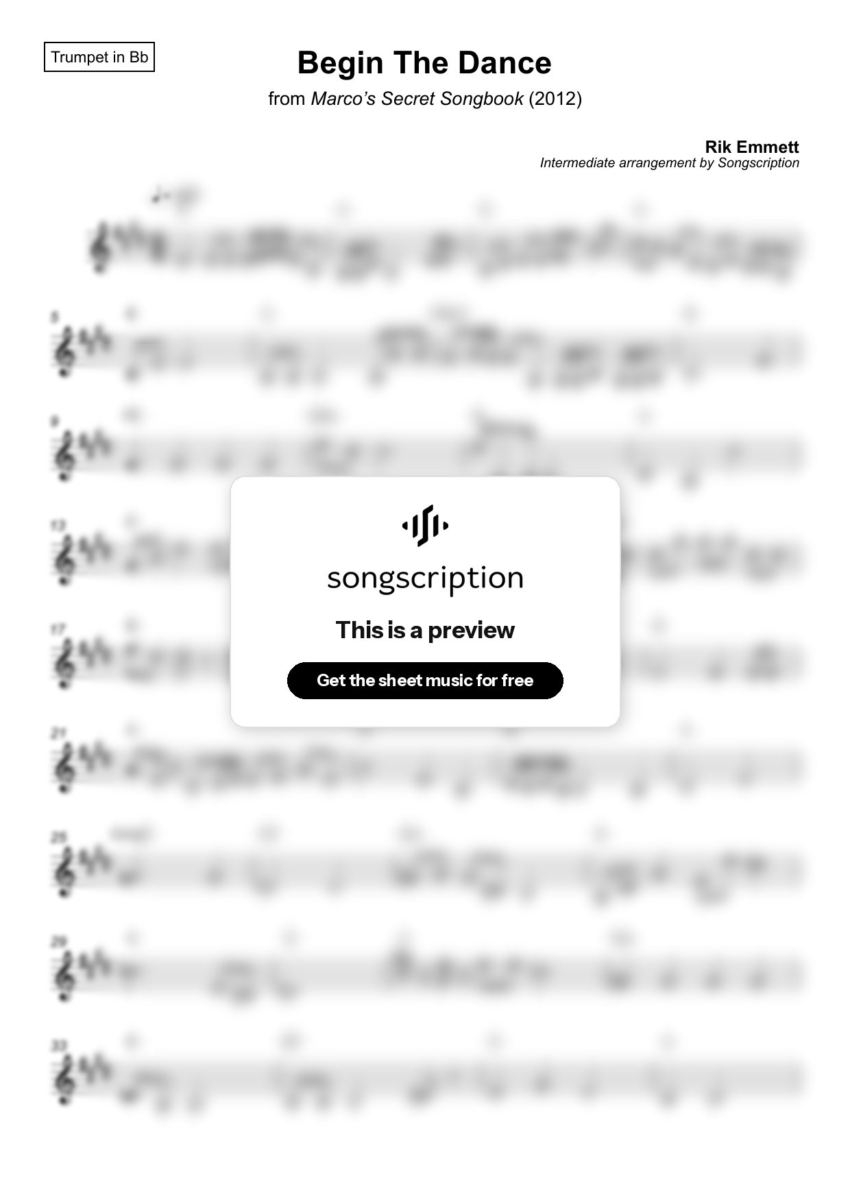 Intermediate Trumpet Sheet Music for "Begin The Dance" by Rik Emmett