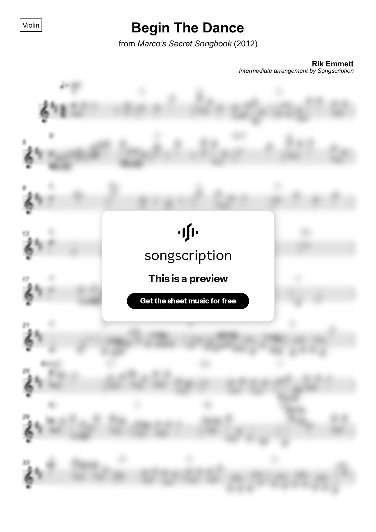 Intermediate Violin Sheet Music for "Begin The Dance" by Rik Emmett