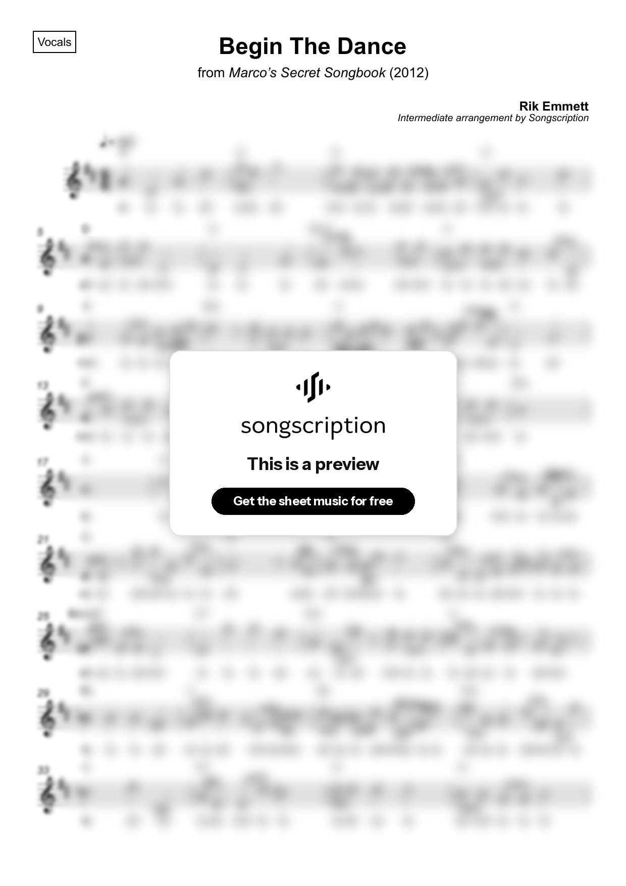 Intermediate Vocals Sheet Music for "Begin The Dance" by Rik Emmett