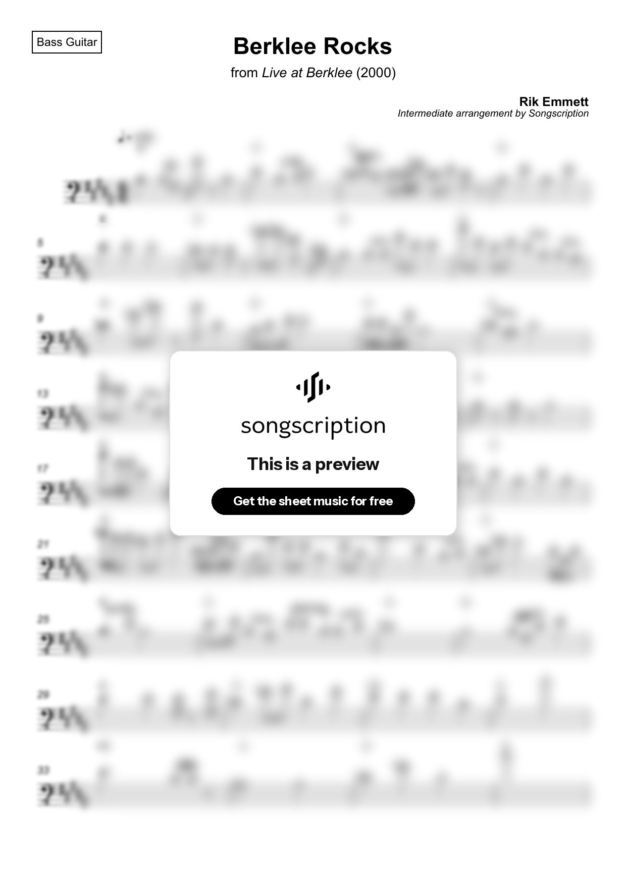 Intermediate Bass Guitar Sheet Music for "Berklee Rocks" by Rik Emmett
