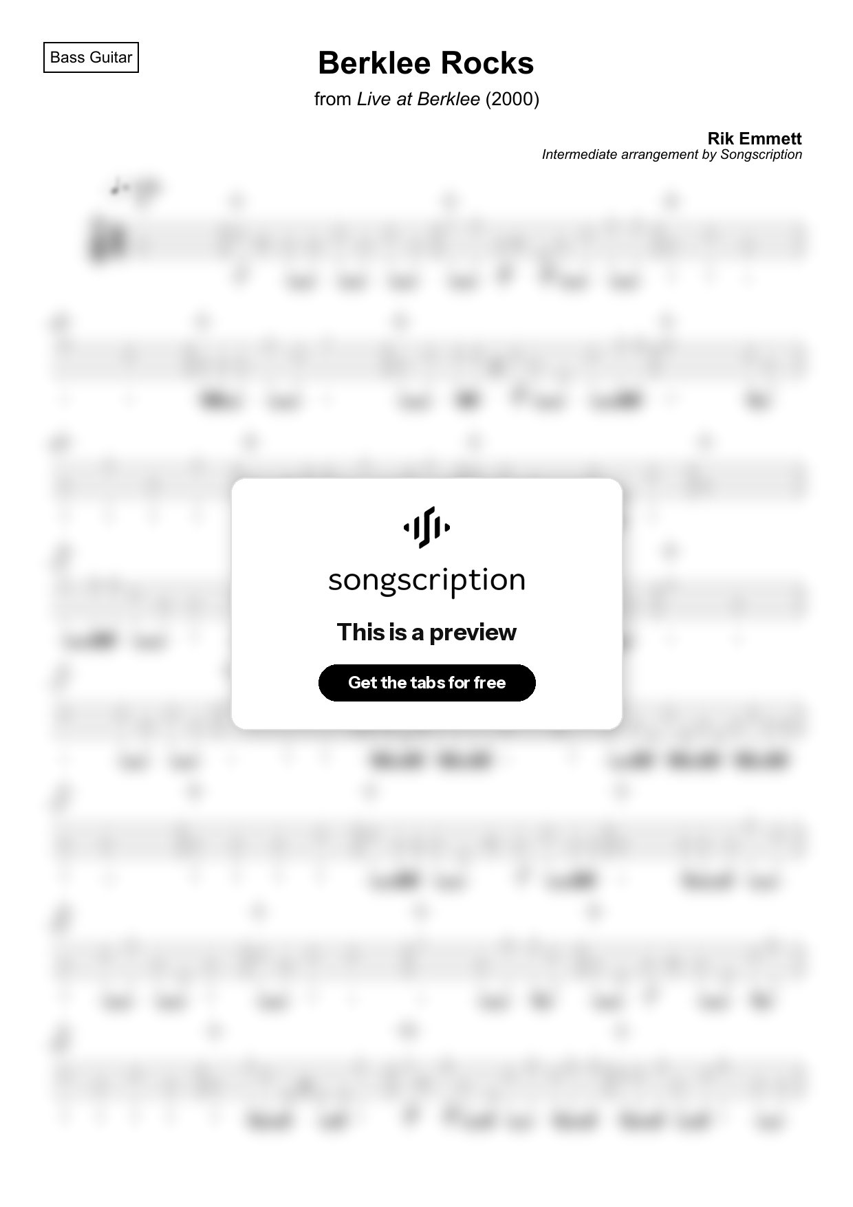 Intermediate Bass Guitar Tabs for "Berklee Rocks" by Rik Emmett