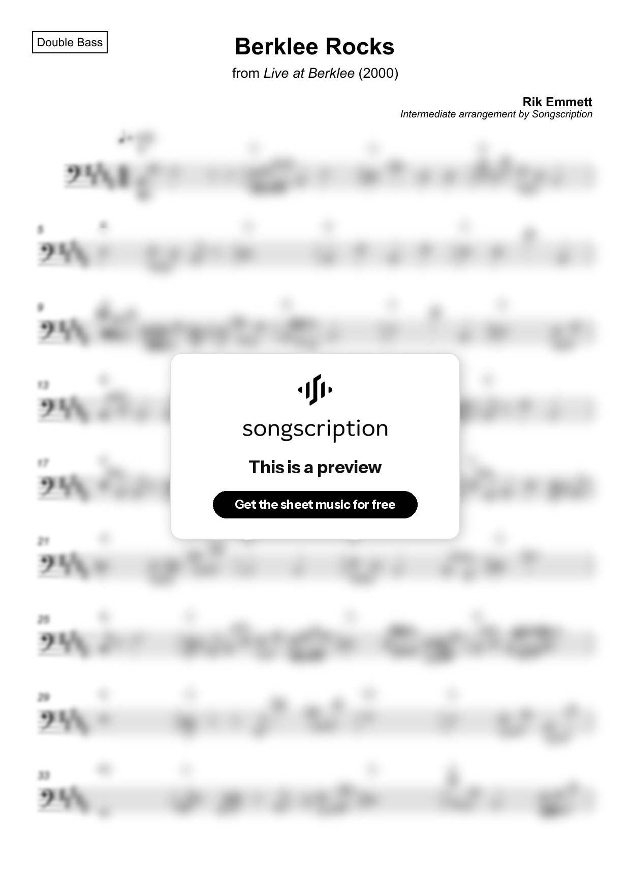 Intermediate Double Bass Sheet Music for "Berklee Rocks" by Rik Emmett