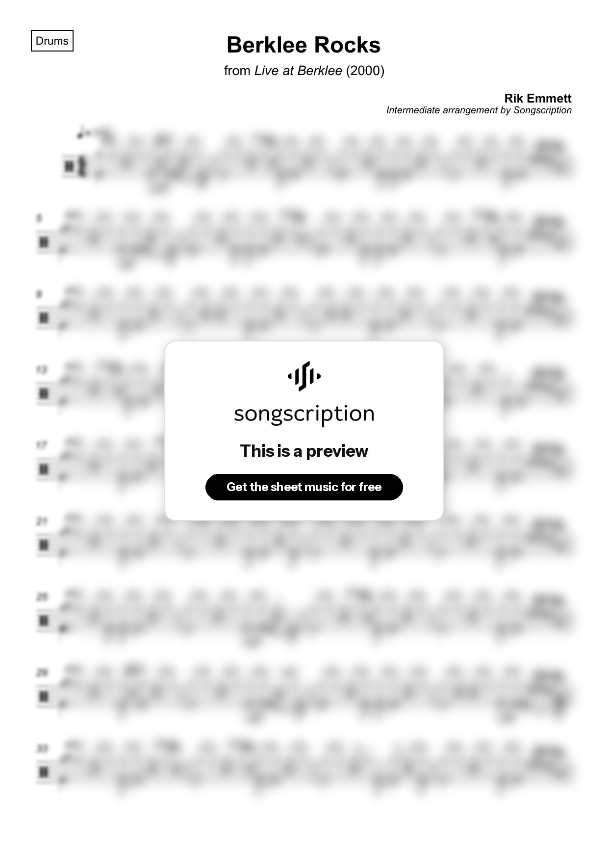 Intermediate Drums Sheet Music for "Berklee Rocks" by Rik Emmett