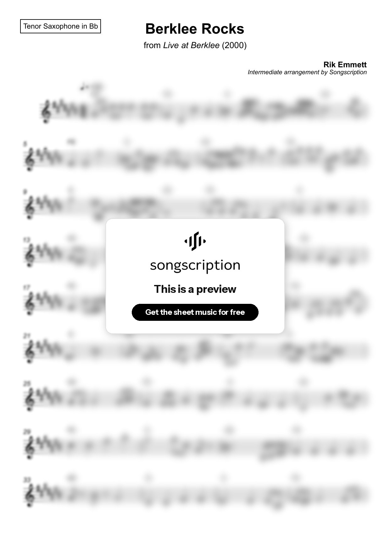 Intermediate Tenor Sax Sheet Music for "Berklee Rocks" by Rik Emmett