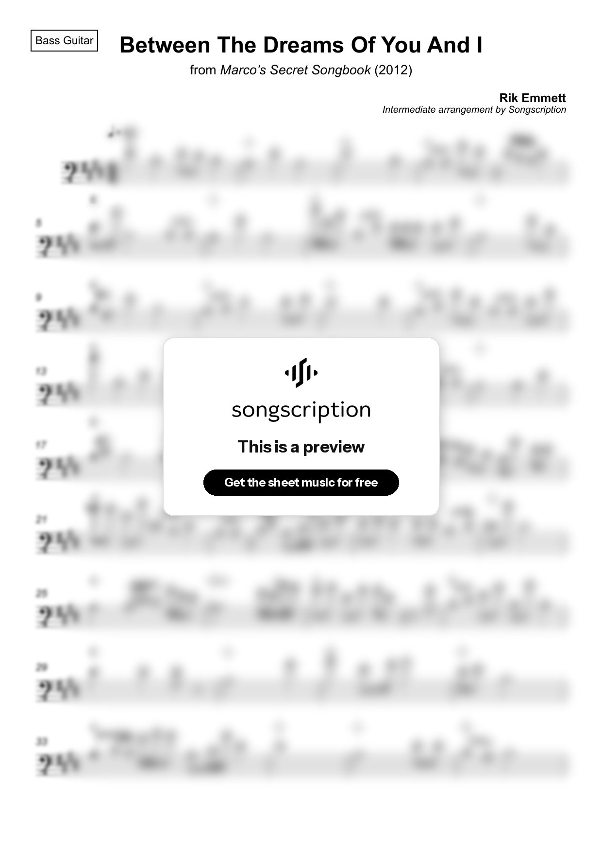 Intermediate Bass Guitar Sheet Music for "Between The Dreams Of You And I" by Rik Emmett