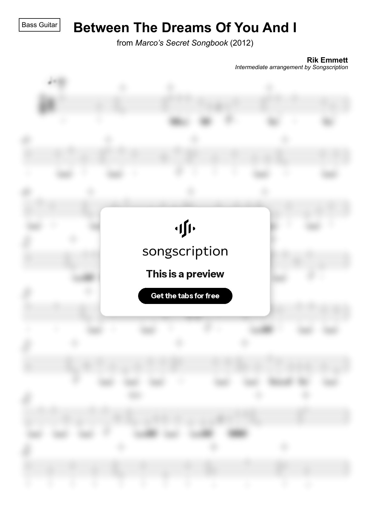 Intermediate Bass Guitar Tabs for "Between The Dreams Of You And I" by Rik Emmett