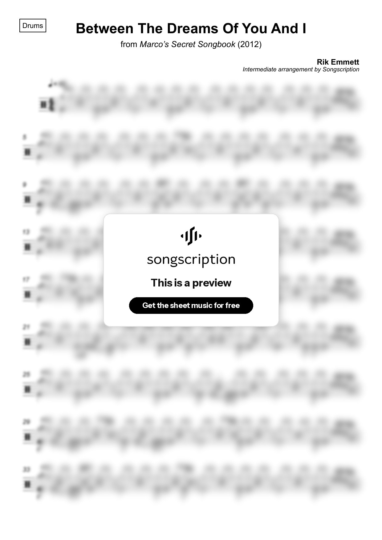 Intermediate Drums Sheet Music for "Between The Dreams Of You And I" by Rik Emmett