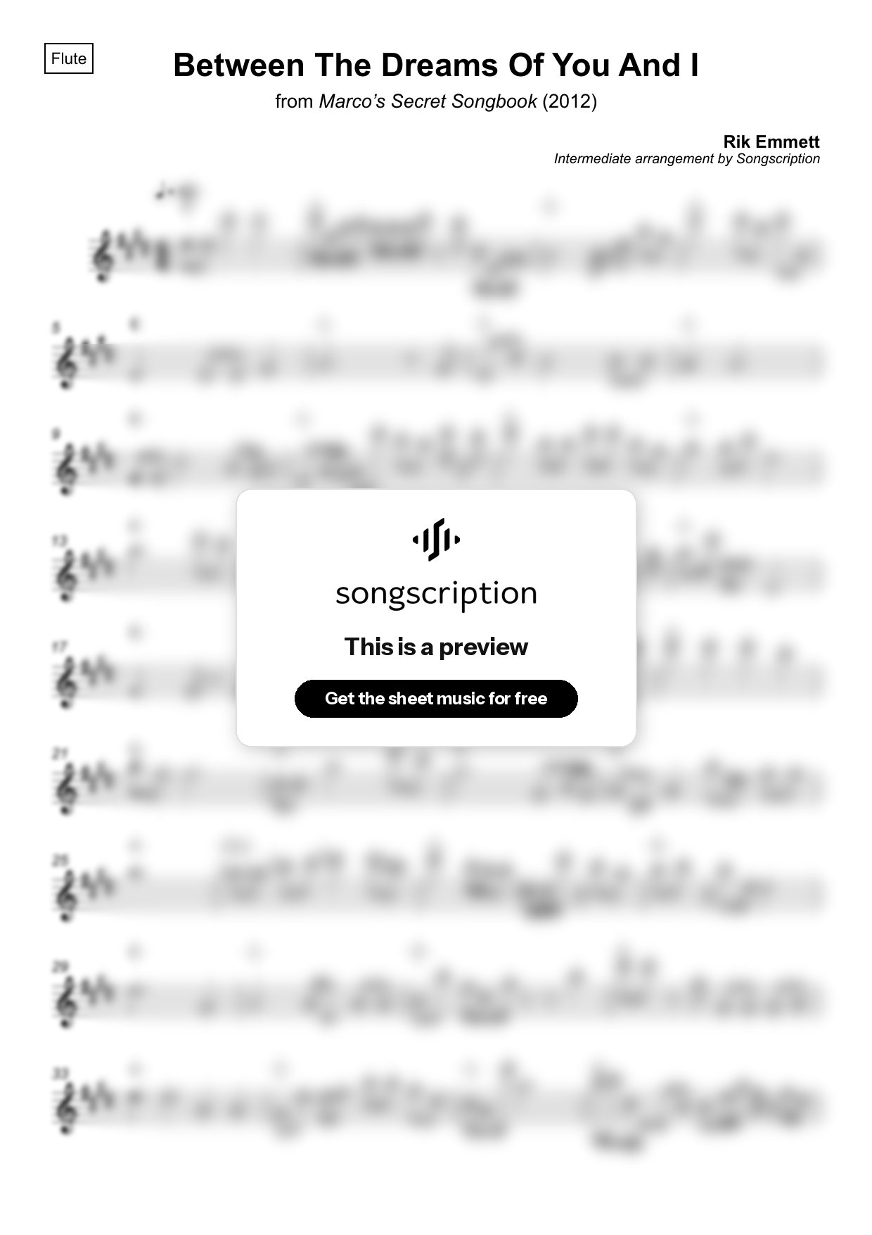 Intermediate Flute Sheet Music for "Between The Dreams Of You And I" by Rik Emmett