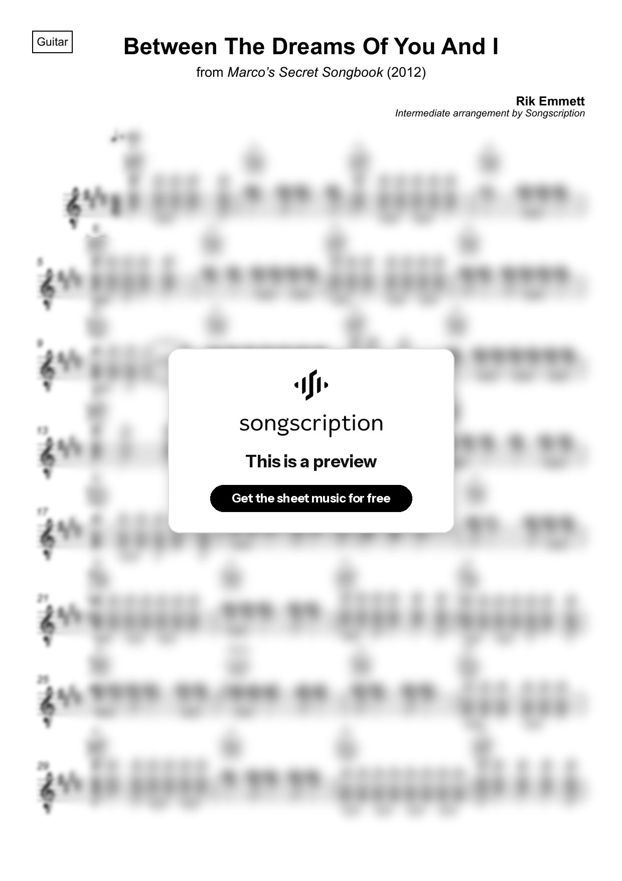 Intermediate Acoustic Guitar Sheet Music for "Between The Dreams Of You And I" by Rik Emmett