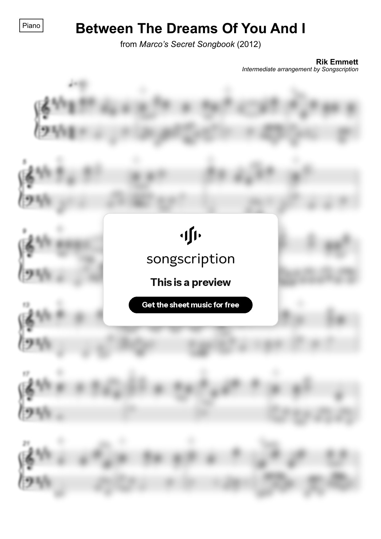 Intermediate Piano Sheet Music for "Between The Dreams Of You And I" by Rik Emmett