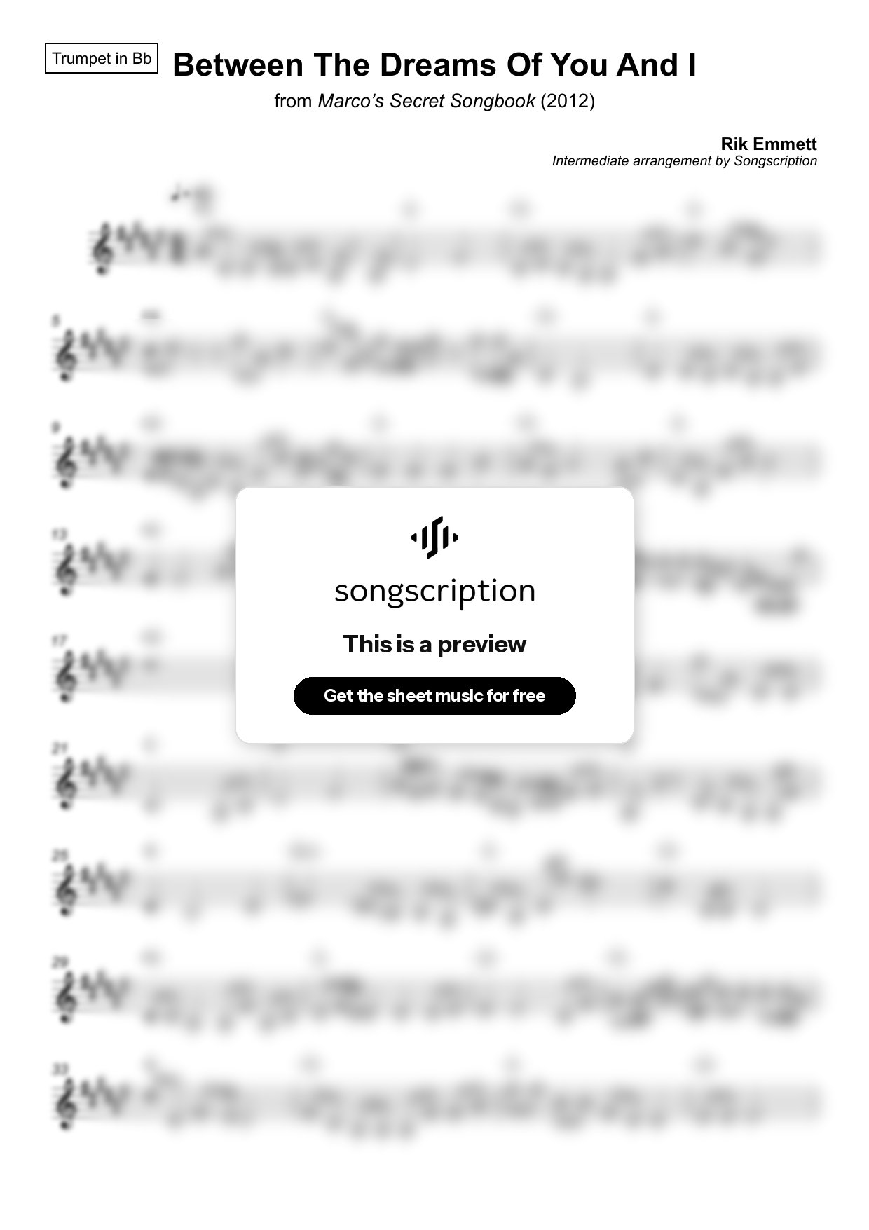 Intermediate Trumpet Sheet Music for "Between The Dreams Of You And I" by Rik Emmett