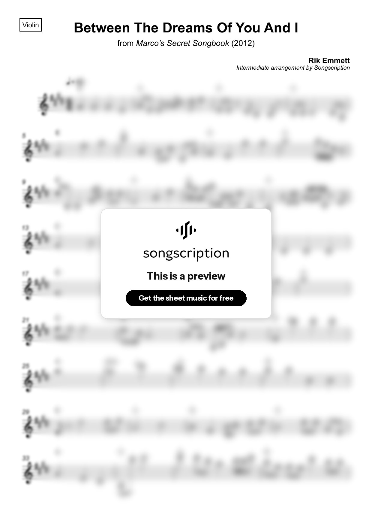 Intermediate Violin Sheet Music for "Between The Dreams Of You And I" by Rik Emmett