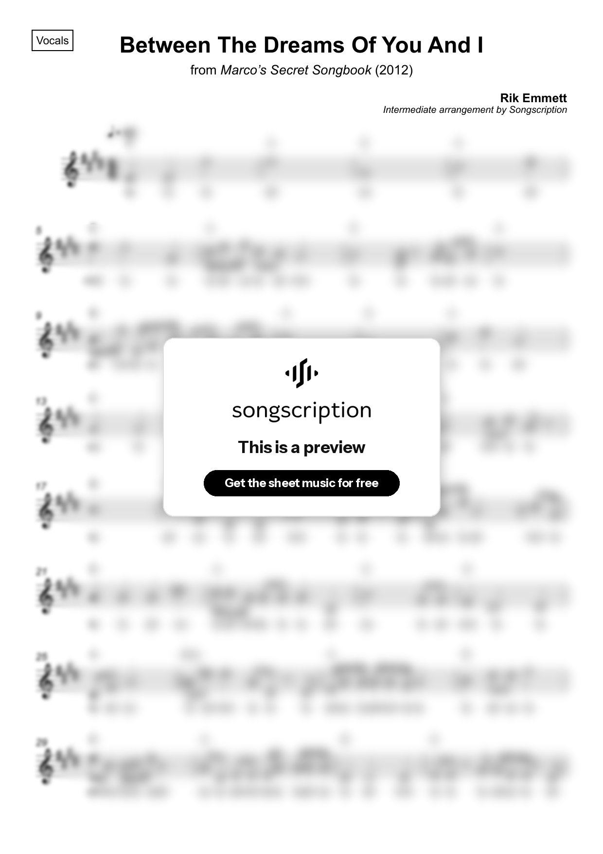 Intermediate Vocals Sheet Music for "Between The Dreams Of You And I" by Rik Emmett