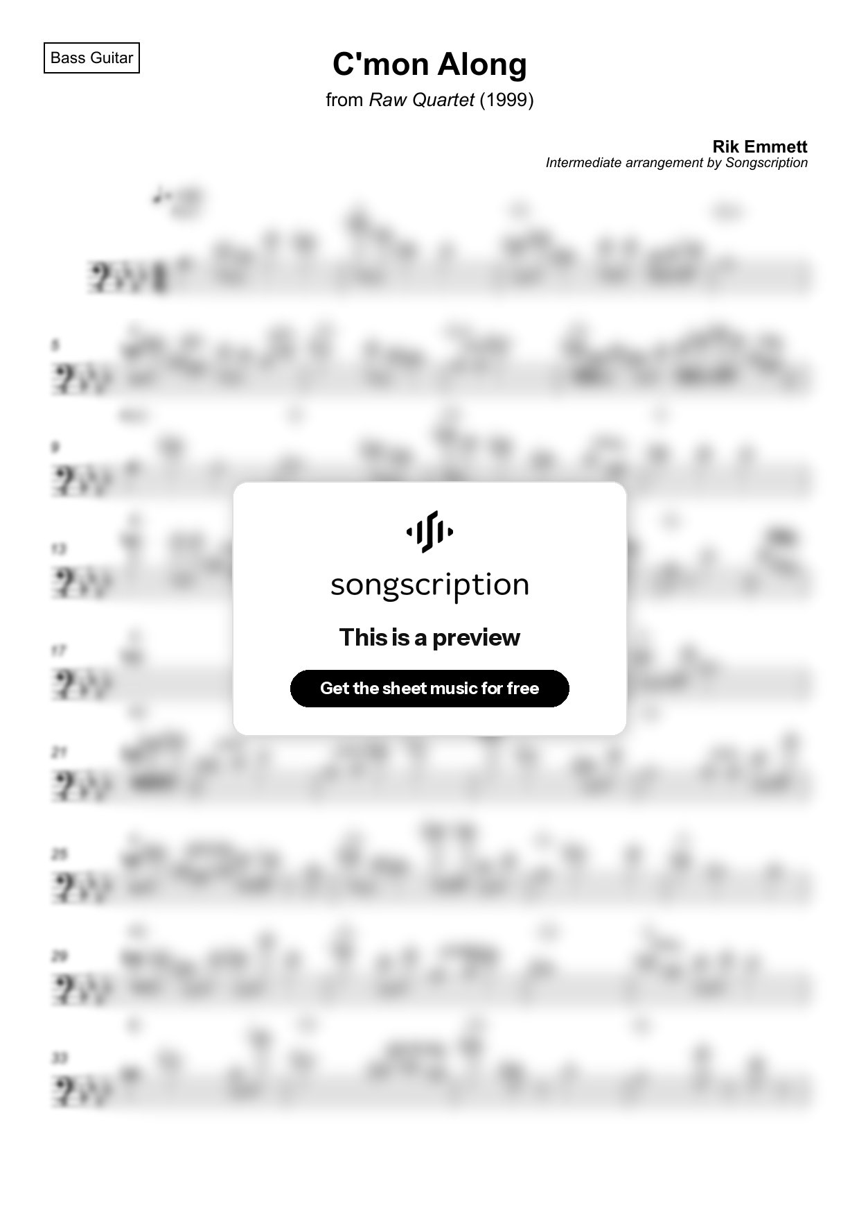 Intermediate Bass Guitar Sheet Music for "C'mon Along" by Rik Emmett