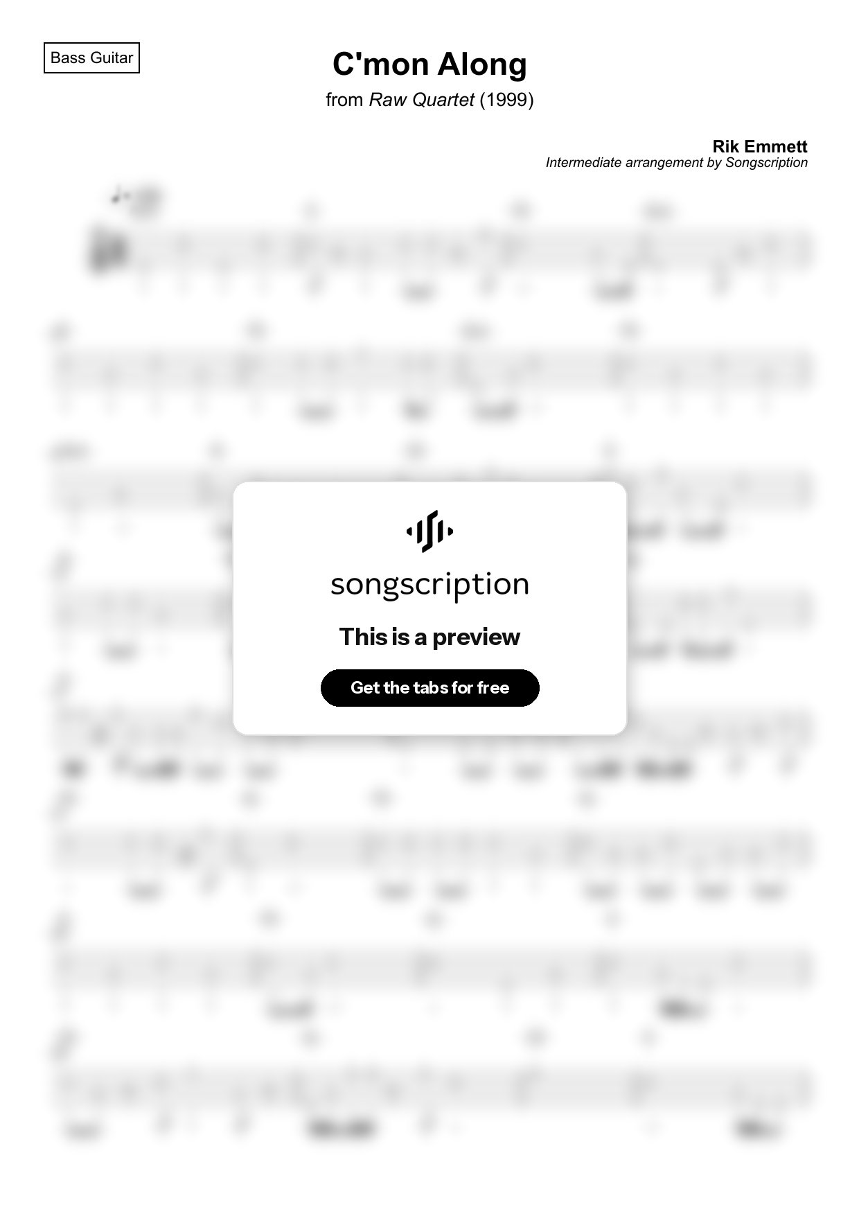 Intermediate Bass Guitar Tabs for "C'mon Along" by Rik Emmett