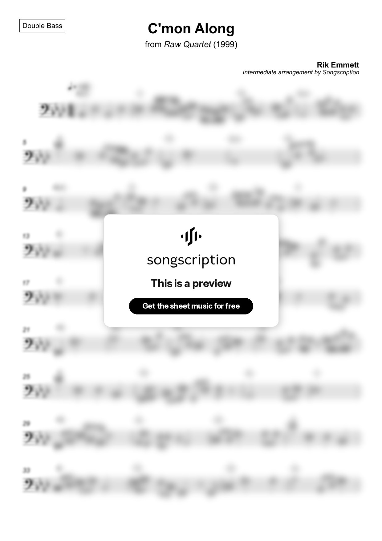 Intermediate Double Bass Sheet Music for "C'mon Along" by Rik Emmett